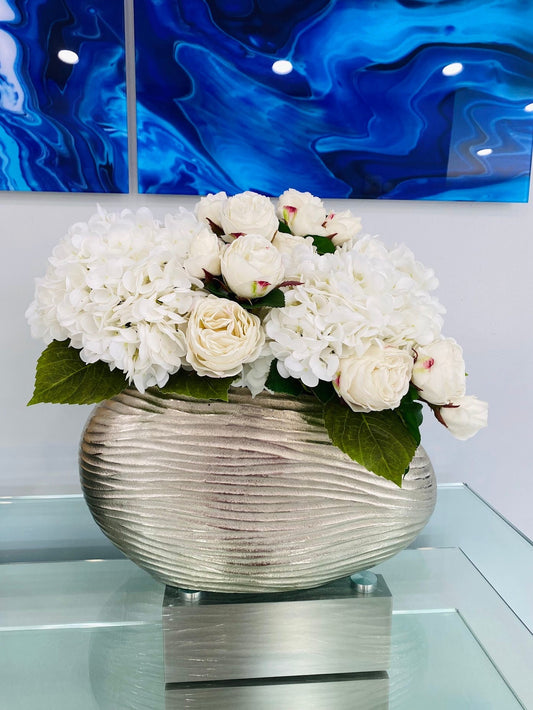 ROSES & HYDRANGEAS IN SILVER VASE