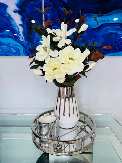 MAGNOLIA IN WHITE VASE WITH SILVER DETAILS