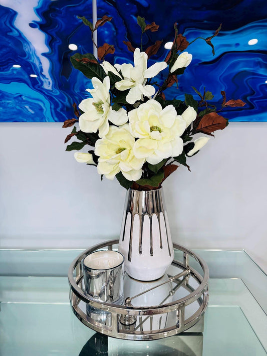 MAGNOLIA IN WHITE VASE WITH SILVER DETAILS