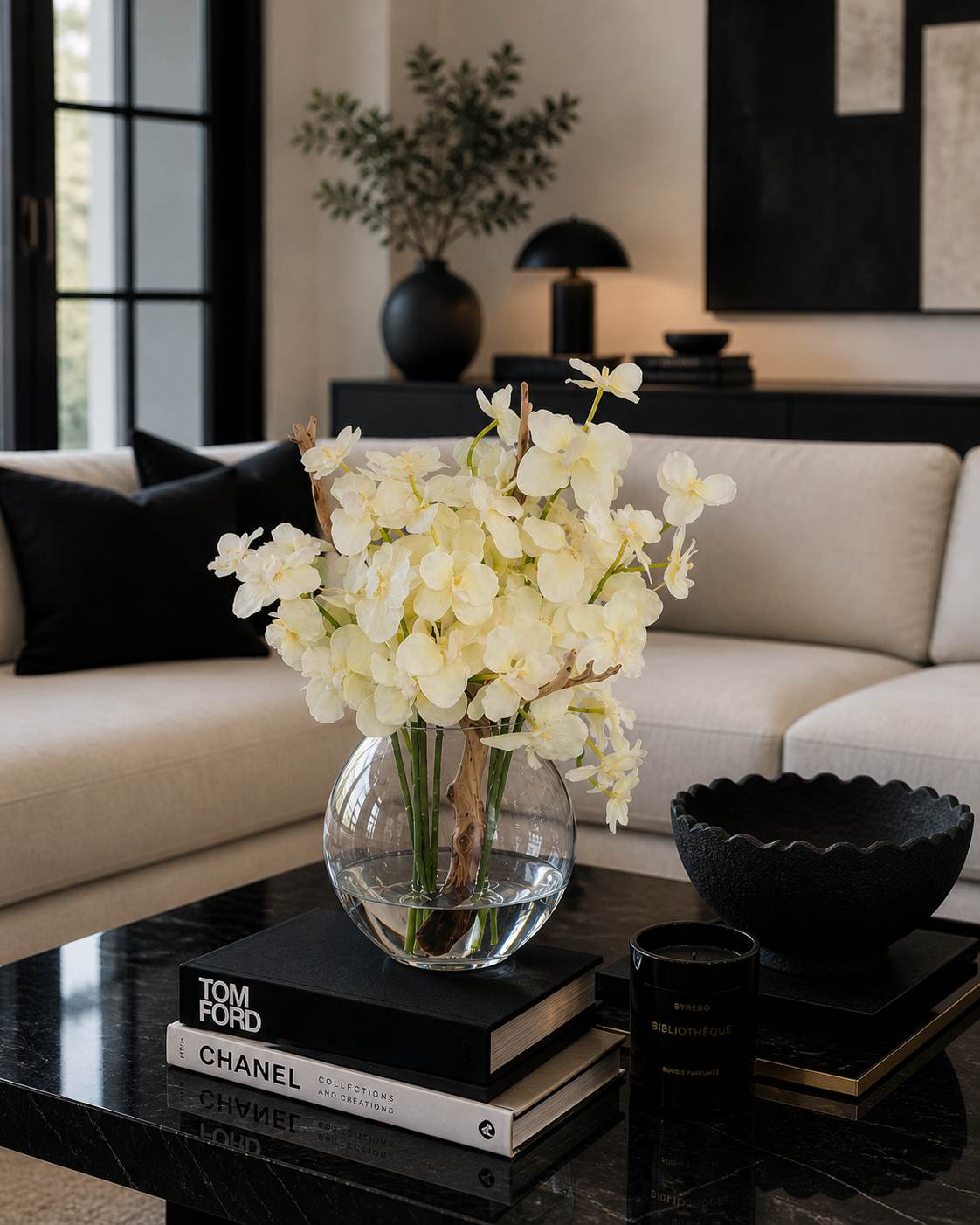ORCHIDS IN MOON VASE