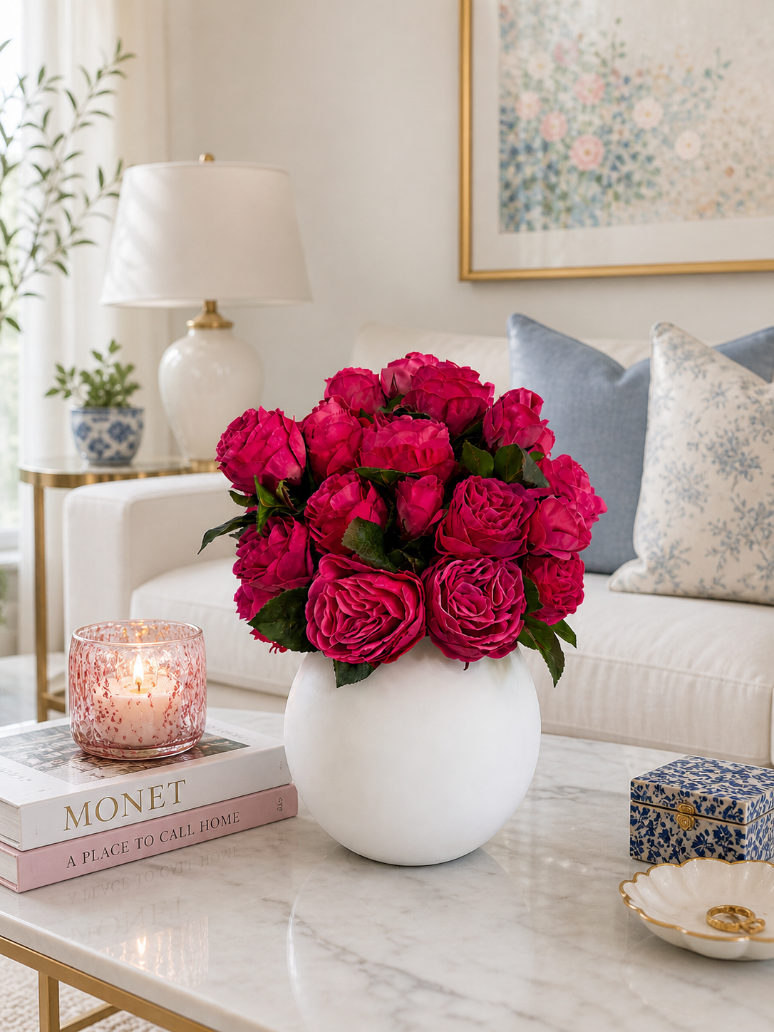 LUXURY FUCHSIA ROSE ARRANGEMENT IN WHITE VASE