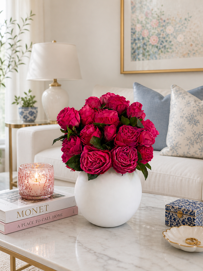 LUXURY FUCHSIA ROSE ARRANGEMENT IN WHITE VASE