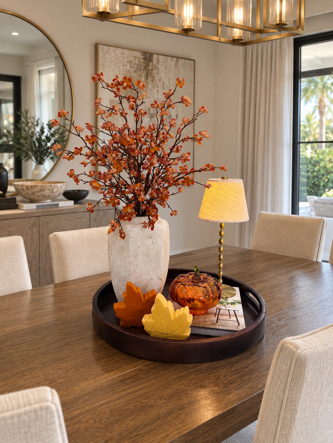 AUTUMN BLOSSOM DECOR SET WITH FLORAL ARRANGEMENT & LAMP