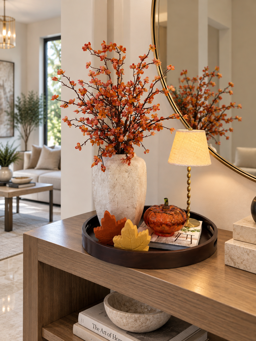 AUTUMN BLOSSOM DECOR SET WITH FLORAL ARRANGEMENT & LAMP