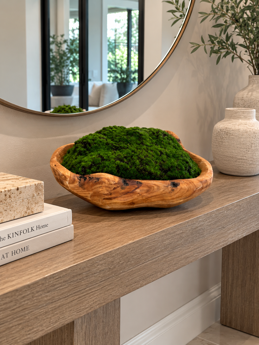 DECORATIVE MOSS ARRANGEMENT IN NATURAL WOOD BOWL