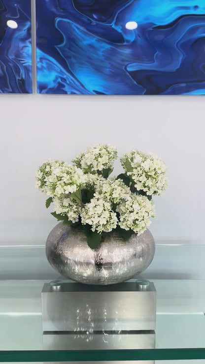 SNOWBALL HYDRANGEAS IN METAL SILVER VASE
