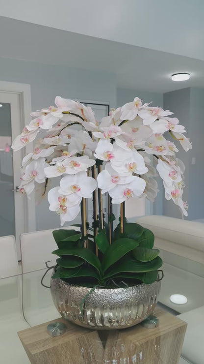 ARTIFICIAL PHALAENOPSIS ORCHID ARRANGEMENT IN METAL SILVER VASE