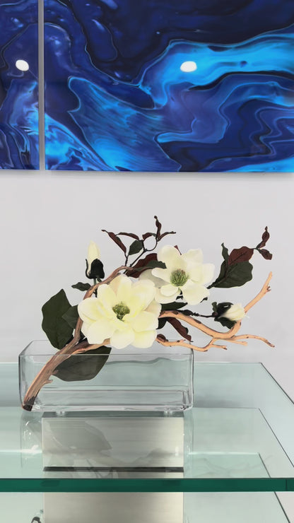 MAGNOLIA WITH BRANCH AND WOOD IN RECTANGULAR VASE