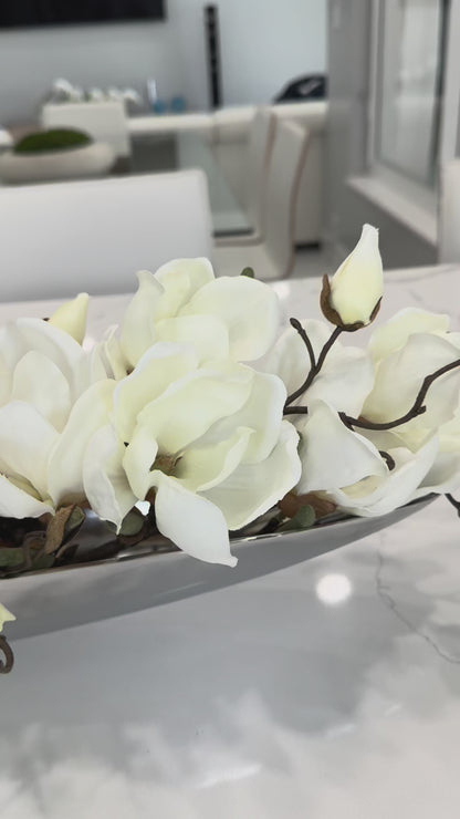 SILVER METAL BOAT WITH MAGNOLIAS AND WOOD