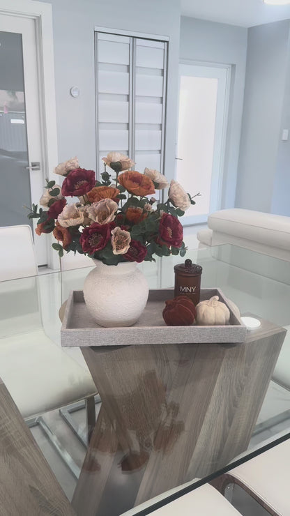 AUTUMN POPPY FLORAL ARRANGEMENT IN TEXTURED CREAM VASE