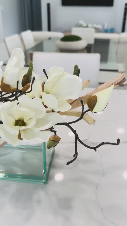 MAGNOLIA WITH WOOD IN RECTANGULAR VASE