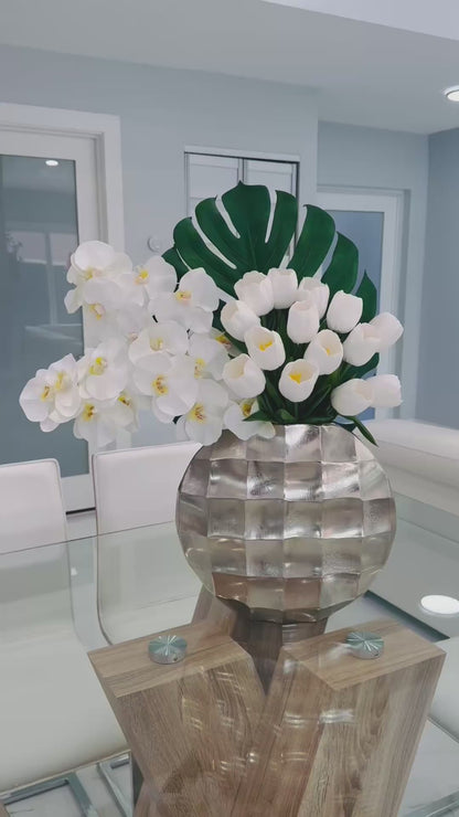 LUXURY WHITE ORCHIDS & TULIPS ARRANGEMENT IN MOTHER OF SILVER METAL VASE